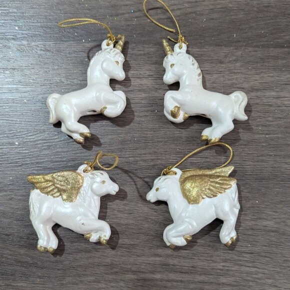 White Unicorn & Pegasus Christmas Ornaments Set Of 4 Glitter Gold Accents 3.5" - Picture 2 of 4